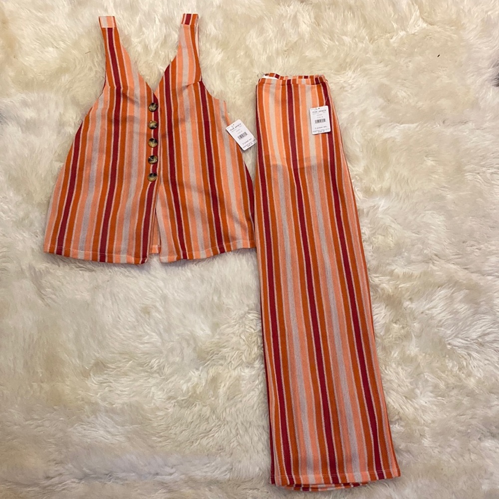 Free People Bridget Stripe Sleeveless Top Vest Sheer Wide Leg Pants Suit Set M